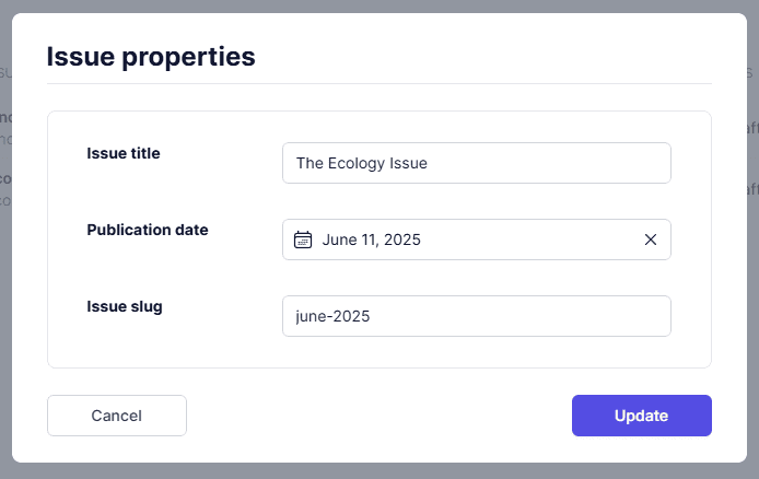 A screen shot of a website page with the text issue properties
